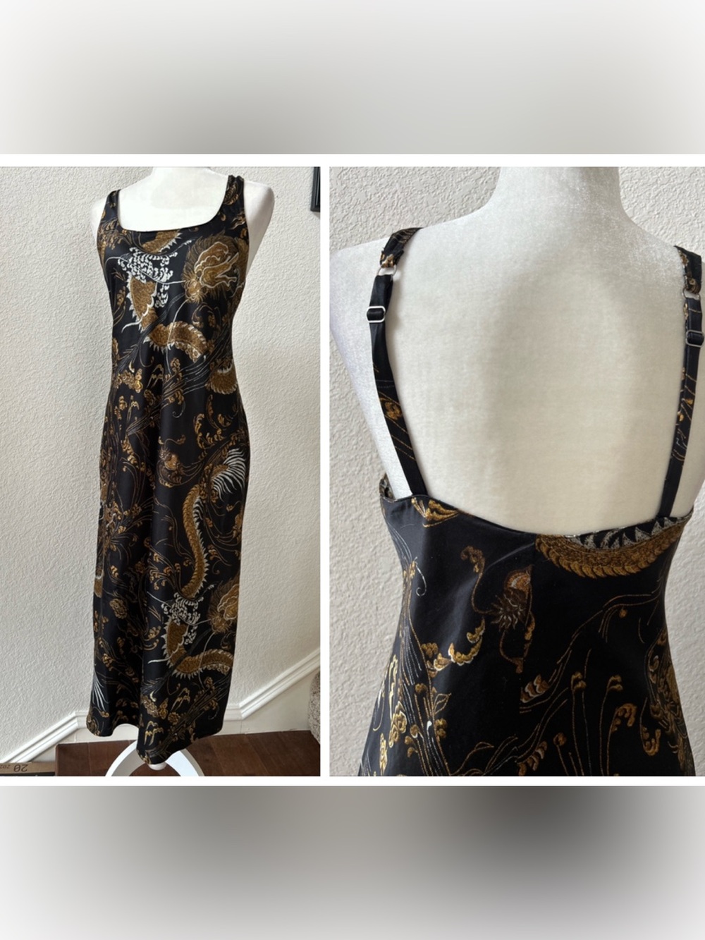 Natori long gown S dragon print brown and gold adjustable straps satiny EUC